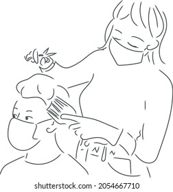 A female hairdresser wearing a mask and a male customer during a haircut