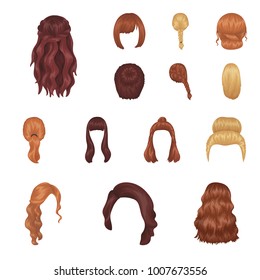 Female hairstyle cartoon icons in set collection for design. Stylish haircut vector symbol stock web illustration.