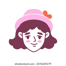 Female hairstyle doodle avatar. Young girl with pink hat at hairs. Model for fashion and trendy cover. UI and UX design. Cartoon flat vector illustration isolated on white background