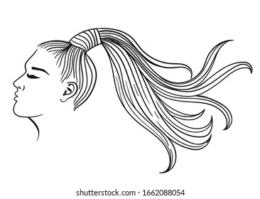 Female hairstyle with ponytail. Black outline on a white background. Vector graphics.