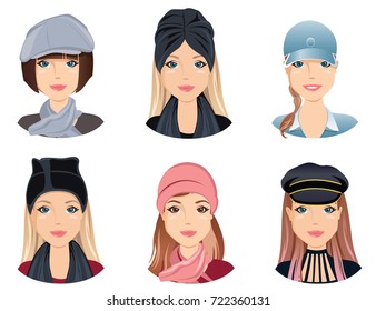 Female hairstyles with different fashion hats. For the girl, young adult, woman, set 7, / flat design, vector illustration