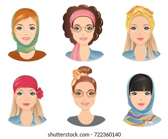 Female hairstyles with different fashion scarves. For the girl, young adult, woman, set 8, / flat design, vector illustration