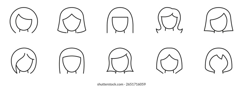 Esboço Feminino Penteados Conjunto de Ícones. Coleção de símbolos de cortes de cabelo de mulheres diversificadas. Moda E Beleza Editável Traço. Ilustração de vetor isolada.