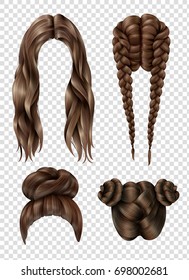 Female hairstyles set including long flowing hair, youth tufts, french braids on transparent background isolated vector illustration