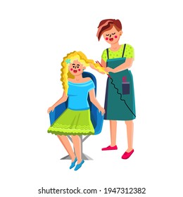 Female Hairstylist Make Hairdo For Customer Vector. Female Hairstylist Making Fashionable Hairdo For Young Woman. Characters Beauty Salon Worker And Client Flat Cartoon Illustration