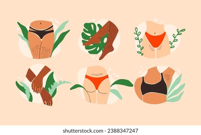 Female hairy body set. Woman unshaved legs, back, armpits with trendy underwear, body positive fashion concept. Vector flat collection