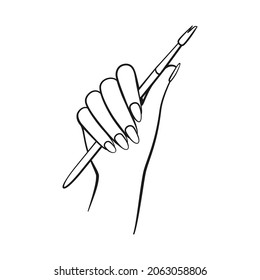 Female hand with acrylic nail brush or artist paint brush in line art vector icon