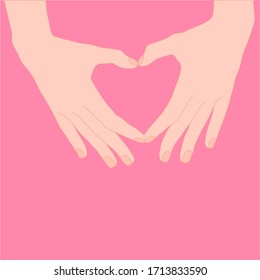 Female hand is act like heart on the pink background. valentine, encouragement, love, donate, care concept. Illustration vector.