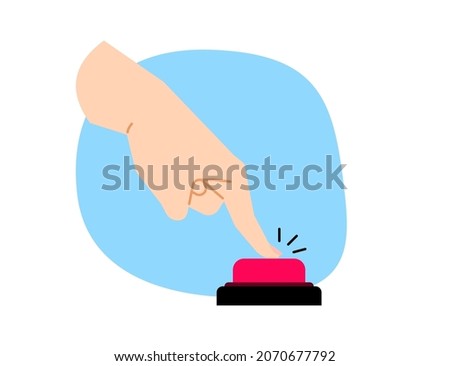 Female hand, actively pushing big red button. Simple flat illustration for tacking action or setting the alarm. Assistance or alert banner and website concept.
