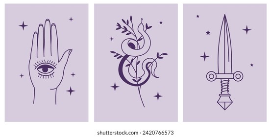 Female hand with all seeing eye, snake coiling around branch with leaves and dagger. Set of occult signs. Symbols of wisdom, insight and transformation, duality of life and power. Vector in flat style