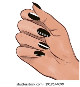 Female hand with beautiful manicure fashionable nail design. Black nail polish. Manicure symbol. Vector illustration.For cards, posters, stickers and professional design.