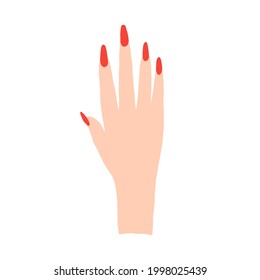 Female hand with beautiful manicure fashionable nail design. Red nail polish. Manicure symbol. Vector illustration. For cards, posters, stickers and professional design.