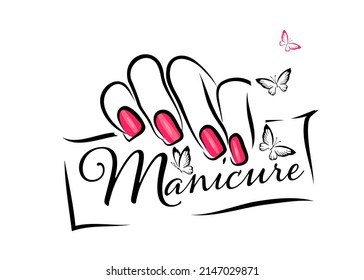 Female hand with a beautiful manicure holding a card . Vector illustration