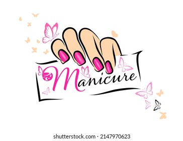 Female hand with a beautiful manicure holding a card . Vector illustration