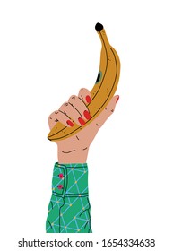 A female hand with a beautiful manicure holds a banana. Side view. Trendy vector illustration in cartoon style. Flat design.