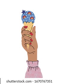 A female hand with a beautiful manicure holds an ice-cream. Side view. Trendy vector illustration in cartoon style. Flat design.