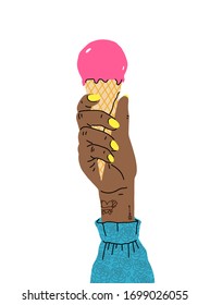 A female hand with a beautiful manicure holds an ice-cream. Side view. Trendy vector illustration in cartoon style. Flat design.