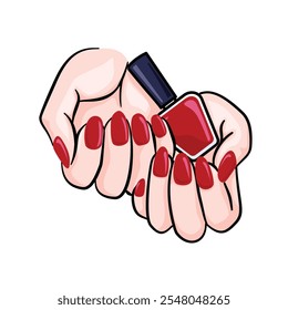 Mão feminina com belo dedo unha segurando uma garrafa de esmalte de unha vermelho. Ilustração de logotipo elegante para salão de beleza, etiqueta, cartaz, banner.