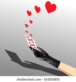 Female hand in a black glove throwing a playing card with a red heart break and rush away.