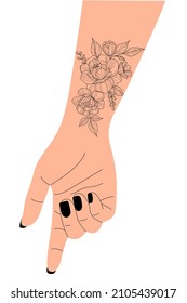 Mano femenina con manicura negra y tatuaje en el antebrazo. Tatuaje de flores. Ilustración dibujada a mano por el vector