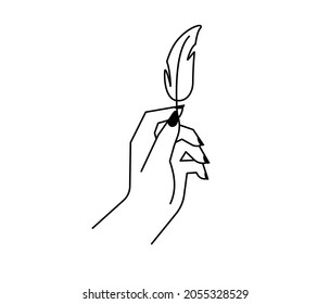 Female hand with black nails and black feather. Mystical vector line illustration. Halloween concept and decoration. Minimal raven feather in woman fingers. Spiritual experience.