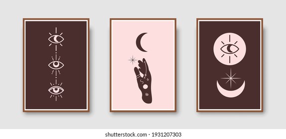 Female hand with boho eye wall art set. Woman hand gesture for boho poster, beauty and fashion. Vector illustration for occult, boho and magic. Female hand gesture wall art poster set for interior 