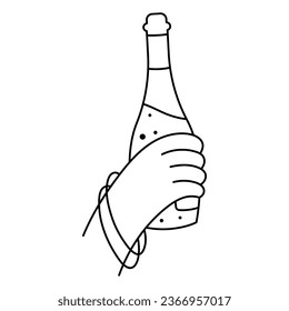 Female hand with a bottle of champagne. Alcohol abuse addiction illustration. Mental health problems. Hand drawn line icon.