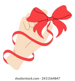 Mano femenina con arco. La cinta de la proa se desarrolla. Concepto de vacaciones. Ilustración del vector