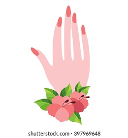 Female hand with a bracelet of flowers, manicure. Colored illustration for registration of women in blogs, websites and articles.