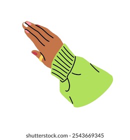 Female hand with bright manicure and in green sweater. Woman with golden jewelry, ring on finger. Girl has colourful nails. Beauty and skin care. Flat isolated vector illustration on white background