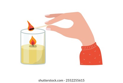 Weibliche Hand mit einem brennenden Streichholz und einer Kerze in einem Glasglas. Brennendes Wachs gemütliche Kerze, Flamme. Der Mensch zündet ein Feuer an. Weißer Hintergrund. Element des Innenraums des Hauses. Dekorationen, Dekoration, Gemütlichkeit.