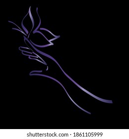 Female hand with butterfly. Beautiful girl fingers. Vector line art ilustration isolated on black background. For advertising of perfume, beauty salon, manicure.
