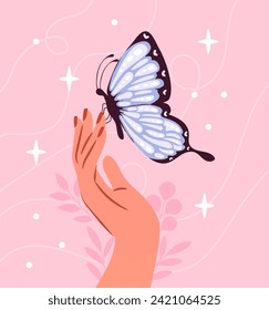 Female hand with butterfly. Beauty, elegance, tenderness and aesthetics. Wild life and fauna. Symbol of spring season. Cartoon flat vector illustration isolated on pink background