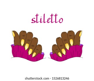 Female hand care. Different shape of nails during manicure: square, oval, almond, square oval, etc. On a white background. The design of the fingers. Vector illustration.