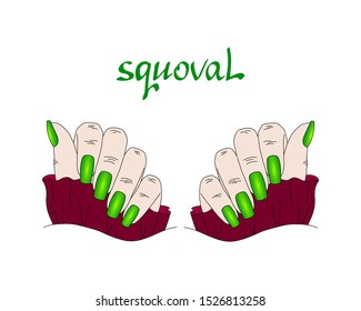 Female hand care. Different shape of nails during manicure: square, oval, almond, square oval, etc. On a white background. The design of the fingers. Vector illustration.