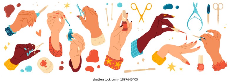 Female hand care. Nails salon, manicure tools and different angles hands with scissors and files, bright gel polishes and skin care products. Nail studio collection, vector modern flat cartoon set