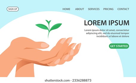 Female hand carefully holds the green sprout of the plant. The concept of caring for the environment. Vector flat illustration. Design for website, banner
