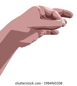 a female hand carrying or dropping an object using two fingers, vector illustration,  6 colors, editable.