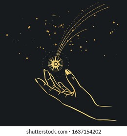 Female Hand Catching A Falling Star. Vector Hand Drawn Illustration