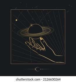 Female hand catching a planet. Vector hand drawn illustration