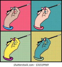 Female hand with cigarette holder pop art vector set. Retro design.