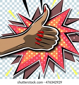Female hand class in comics style with explosion background. Vector