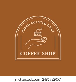 Female Hand and Coffee Shop Fresh Roasted Daily Sign Logo Template Thin Line Icon. Vector illustration