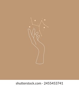Female Hand with Constellation in minimal linear style. Concept of Astrology, Magic, Esoterics. Modern single line art. Arm and symbol for highlights and posts, jewellery. Vector illustration