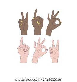 Female hand dark light skin peace victory ok gesture forefinger up vector illustration set isolated on white. Groovy disco human arms communication print collection.