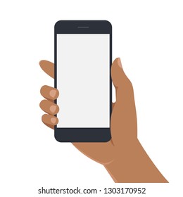 Female Hand With Dark Skin Holding Smartphone With Blank Screen. Vector Illustration On White Background