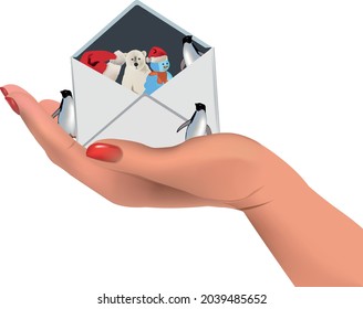 female hand delivering envelope with Christmas and New Year figures