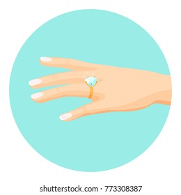Female hand with diamond engagement ring on finger svg