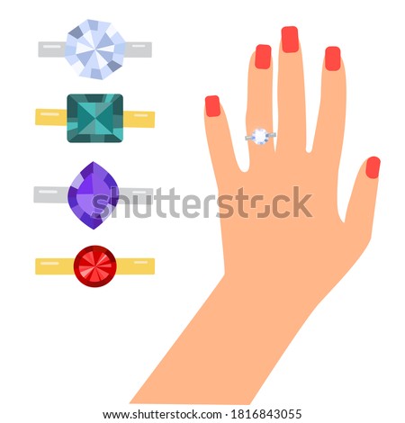 Female hand with a  diamond ring. Vector flat illustration isolated on white background.Different rings with a precious stone .