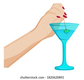 female hand dips a skewer with olive in martini glass. Cocktails, alcoholic drinks, illustration to menu of cafe, restaurant. Cartoon vector on white background